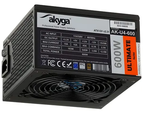 Akyga Ultimate AK-U4-600 / Zasilacz / ATX / 600W / aktywny PFC / 80 PLUS / 120 mm
