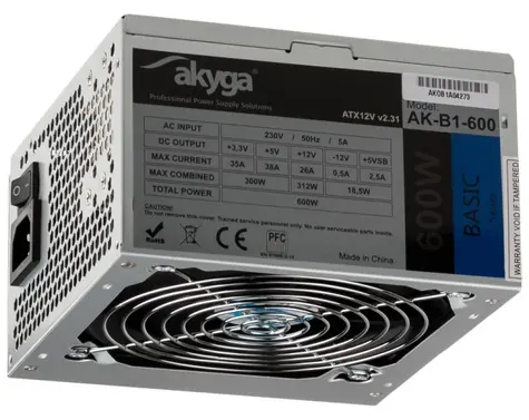 Akyga AK-B1-600 szary / Zasilacz / ATX / 600W / pasywny PFC / 120 mm