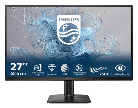 27" Philips 27E2N1500L czarny / Monitor / IPS / 2560 x 1440 / 75 Hz / 4 ms / 300 cd / HDR10