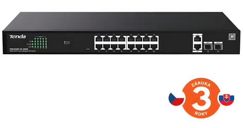 Tenda TEG2220P-16-250W / Przełącznik / 16x Gigabit PoE+ / 2x SFP / 230W / Montaż w szafie rack / Metalowy