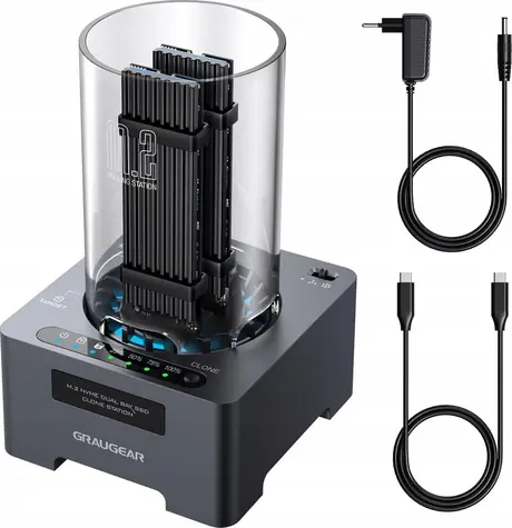 GrauGear G-M2DK-CL-20G czarny / Stacja dokująca do klonowania / 2x M.2 NVMe / USB-C / 20 Gbit/s