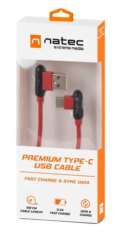Natec Prati czerwony / Kabel danych / USB-C - USB-A / złącze kątowe / 1 m