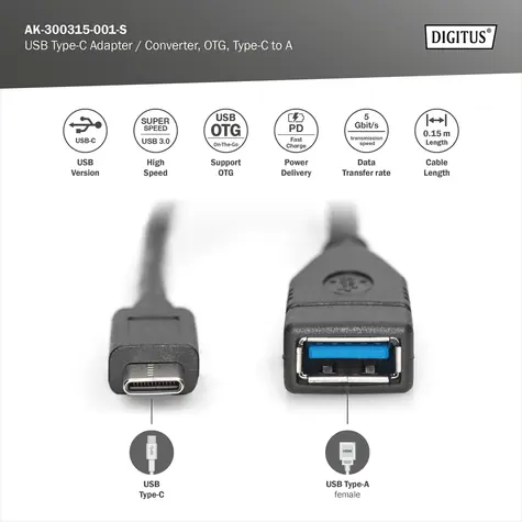 Kabel Digitus USB-C do USB-A czarny / Kabel do transmisji danych / USB 3.0 / 1 m / 3 A / 5 Gb/s