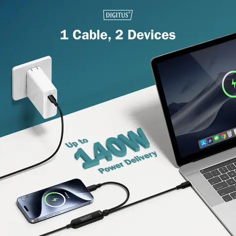 Digitus USB-C 2w1 / Kabel ładujący / 140 W / 1,8 m