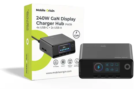 Mobile Origin PW39 / Ładowarka z wyświetlaczem TFT / 240 W GaN / 4X USB-C + 2x USB-A