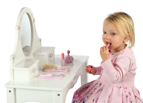 Toaletka Tidlo Drewniana biała / z lustrem i stołkiem / 2 szuflady