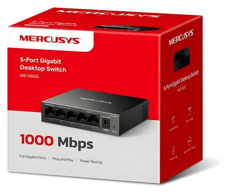 Mercusys MS105GS / Przełącznik / 5x Gigabit / Komputer stacjonarny / Bez wentylatora