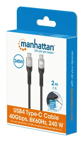 Kabel ładujący Manhattan USB-C - USB-C 2 m czarny / Kabel / USB4 / 240 W PD 3.1 / 40 Gbit/s / Thunderbolt 4