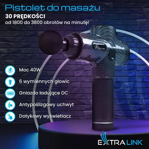 Extralink Massage Gun Pro czarny / Pistolet do masażu / 30 prędkości / 6 głowic / do 3800 obr./min / 2500 mAh