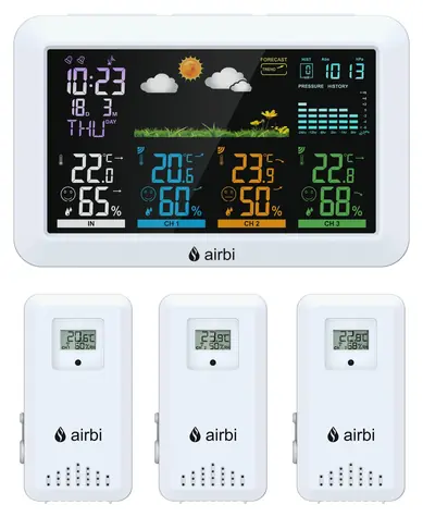 Airbi HOME / Stacja pogodowa / 3 bezprzewodowe czujniki / kolorowy wyświetlacz / czas DCF