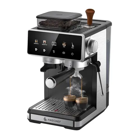 AMZCHEF CE-CM5560-SV srebrny / Ekspres dźwigniowy do kawy / 1400 W / 20 bar / wbudowany młynek / 1,8 l