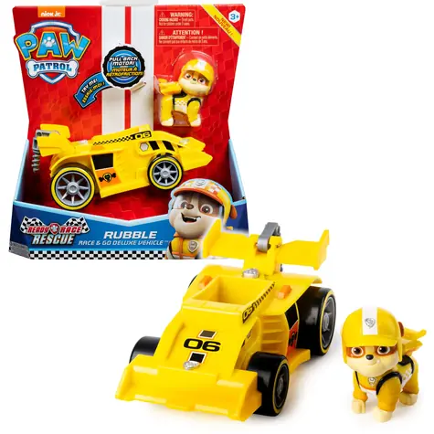 Spin Master Samochód wyścigowy Psiego Patrolu Race & Go Deluxe Rubble / Silnik nakręcany / Efekty dźwiękowe / od 3 lat