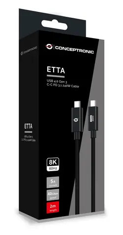 Conceptronic ETTA04B20 czarny / kabel USB-C / USB4 Gen 3 / 40 Gb/s / PD 3.1 / 2 m