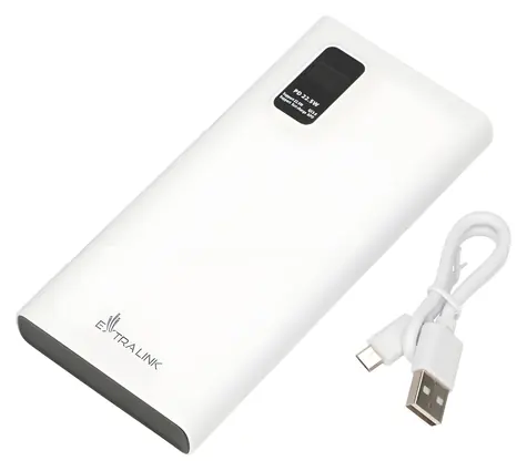 Extralink EPB-067W biały / Power bank / 10 000 mAh / 2x USB-A + USB-C / 22,5 W / Wyświetlacz LED