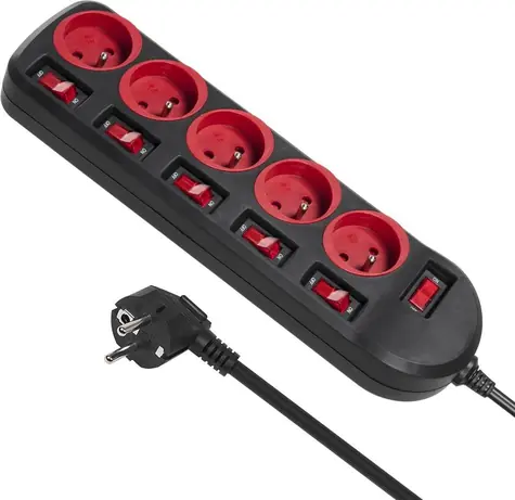 Maclean MCE204 czarny, czerwony / Przedłużacz / 5x gniazdo typu F / włącznik / 250V/10A / 1,5 m
