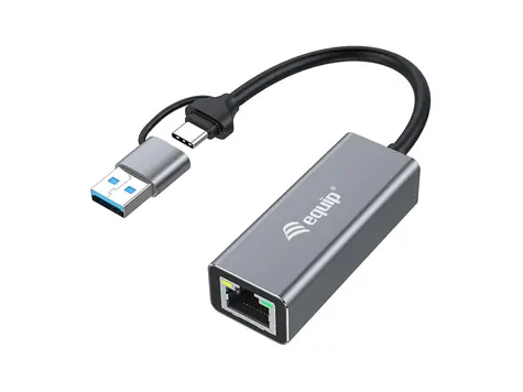 Equip adapter USB-C i USB-A - RJ45 szary / Adapter sieciowy / 2,5 GbE / Wskaźnik LED / Obudowa aluminiowa / 0,15 m