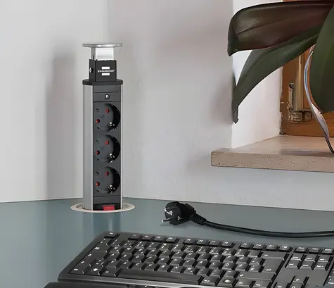Brennenstuhl Tower Power srebrno-czarny / Gniazdo stołowe / 3x gniazdo / 2x USB-A / 16A