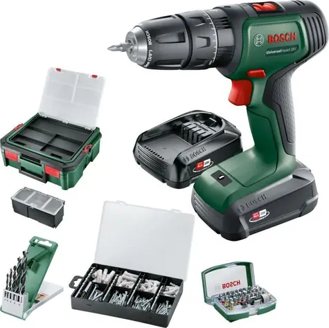 BOSCH UniversalImpact 18 V zielono-czarny / Wiertarko-wkrętarka akumulatorowa / 1450 obr./min / 34 Nm / uchwyt 10 mm / 2 x 1,5 Ah