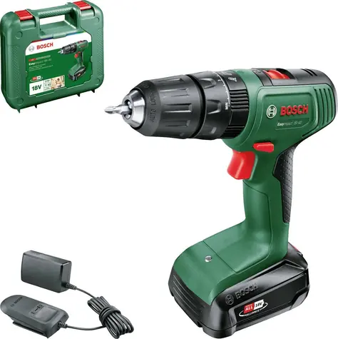 BOSCH EasyImpact 18V-40 zielono-czarny / Wiertarko-wkrętarka udarowa akumulatorowa / 18 V / 1630 obr./min / 40 Nm / 2,0 Ah / walizka