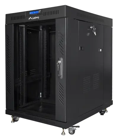 Lanberg FF01 15U 19" czarny / Szafa rack / 600×800 mm / Drzwi szklane / Panel LCD / Nośność 1200 kg