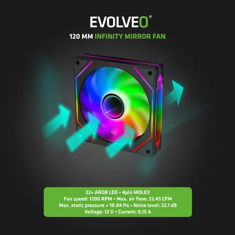 Evolveo 120UX-S czarny / Wentylator / 120 mm / ARGB / Slave / Molex