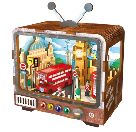 Drewniane puzzle 3D 2KIDS TOYS Retro TV Londyn / Miniaturowa scena / Oświetlenie LED / 100 elementów / 12+ lat