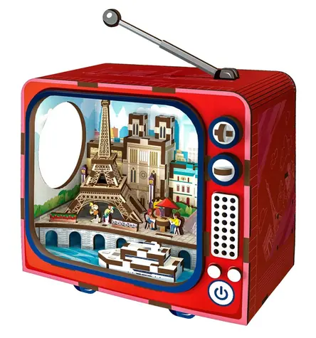 2KIDS TOYS Drewniana układanka 3D Retro TV Paryż / 98 elementów / od 12 lat / oświetlenie LED