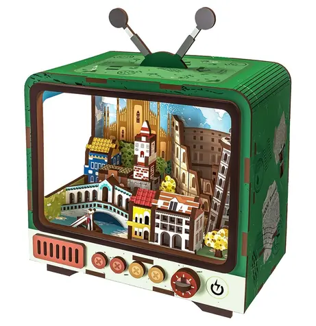 Drewniane puzzle 3D 2KIDS TOYS Retro TV Wenecja / Miniaturowa scena / Oświetlenie LED / 118 elementów / 12+ lat