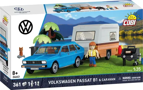 Zestaw konstrukcyjny Cobi 24643 Volkswagen Passat B1 z przyczepą kempingową / 1:35 / 361 elementów / 2 figurki