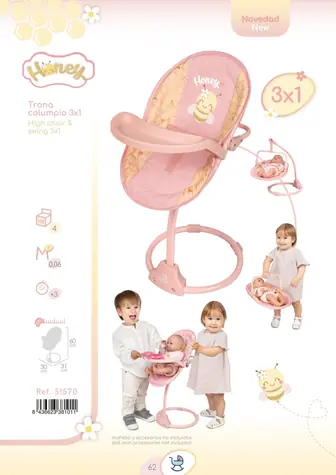 DECUEVAS 51570 Krzesełko i huśtawka dla lalek Honey 2026 / 3 w 1 / dla lalek do 50 cm / od 3 lat