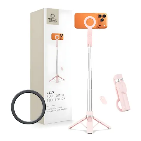 Tech-Protect L11S MagSafe różowy / Kijek do selfie / Migawka Bluetooth / Uchwyt MagSafe