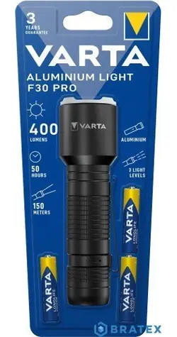 Varta Aluminium Light F30 Pro czarna / Latarka / LED / 400 lm / 3x AAA / zasięg do 150 m