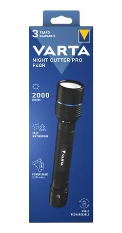 Varta Aluminium Pro F20R czarna / Latarka / LED / 2000 lm / IP67 / power bank / ładowanie USB
