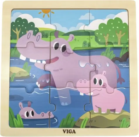 VIGA Drewniana układanka Hipopotamy / 9 elementów / 19,5 x 19,5 cm