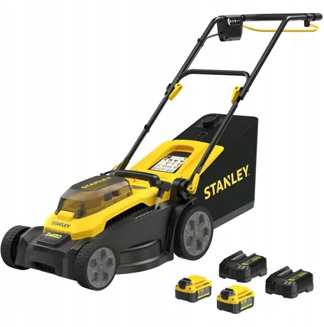 Stanley V20 SCMWP3701M2-QW czarno-żółta / Kosiarka akumulatorowa / 36 V (2 x 18 V) / szerokość 37 cm / kosz 45 l / 2 x 4,0 Ah