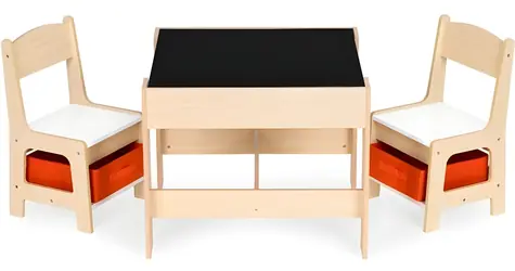 ECOTOYS Stolik dziecięcy drewniany z dwoma krzesłami Naturalny / Meble dziecięce / Płyta MDF z tablicą i schowkami