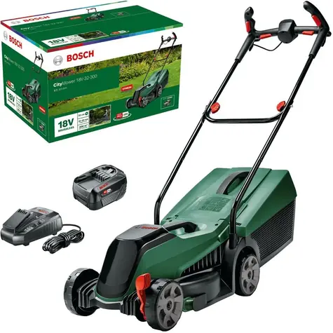 BOSCH CityMower 18V-32-300 zielono-czarna / Kosiarka akumulatorowa / 18 V / Szerokość koszenia 32 cm / Kosz na trawę 30 l