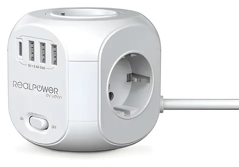 RealPower PowerBox 431 biały / Kostka rozszerzająca / 4X 230V / 3x USB-A / USB-C / 1,8 m