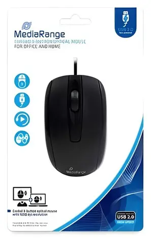 Przewodowa mysz optyczna MediaRange , czarna / Mysz / 1000 DPI / 3 przyciski / USB / 1,5 m