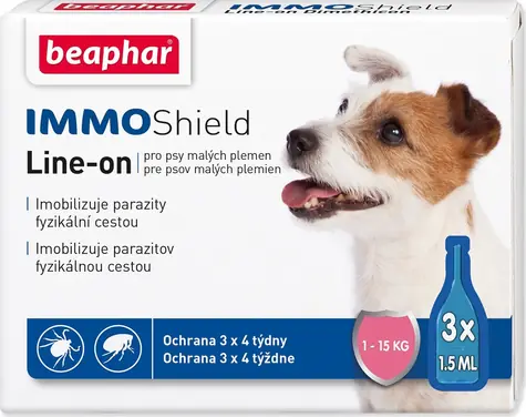 Beaphar Line-on IMMO Shield S / Przeciwpasożytniczy / Spot-on / Psy 1-15 kg / 3 x 1,5 ml / Pchły, kleszcze, komary