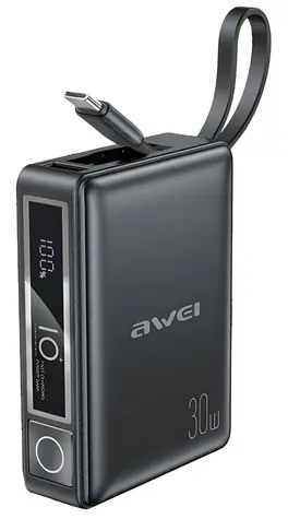 AWEI P87K czarny / Powerbank / 10000mAh / 30W / zintegrowany kabel USB-C + Lightning