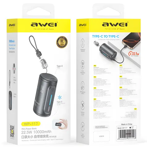 Awei WP-117 czarny / Powerbank / 10000mAh / 22,5W / 2x USB-C