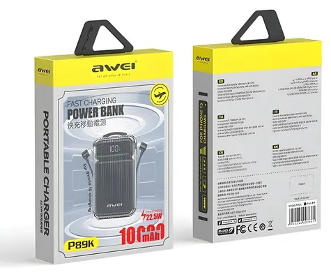 Awei P89K czarny / Power bank / 10000mAh / Ładowanie bezprzewodowe / PD 20W / Kable USB-C + Lightning
