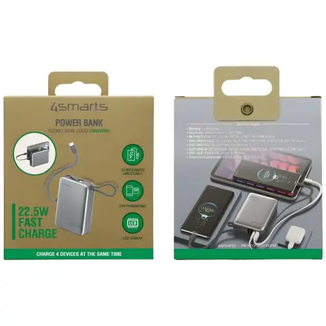 4smarts Pocket Dual Cord 20000mAh szary / Power bank / wbudowany kabel USB-C 15 cm / 22,5 W / USB-A + USB-C