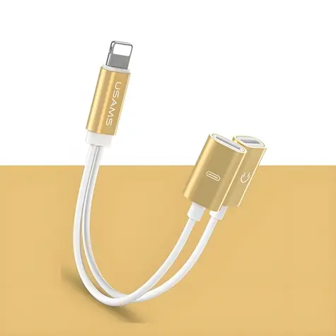 USAMS SJ160 złoty / Adapter / 2w1 Lightning / Audio + ładowanie