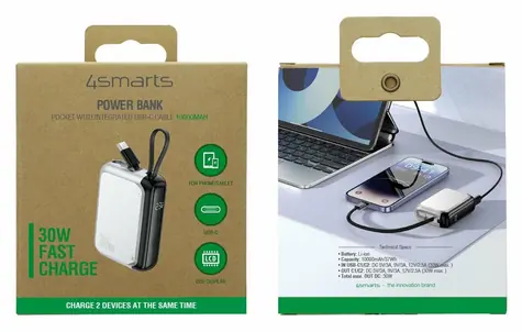 4smarts Pocket 10000mAh srebrny / Powerbank / 30W / wbudowany kabel USB-C 15 cm / wyświetlacz