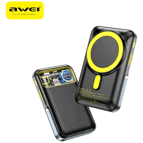Awei PA-10 czarny / Power bank / 10000mAh / Ładowanie bezprzewodowe MagSafe / 15W / Wyświetlacz LCD