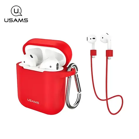 USAMS BH423 czerwony / etui na AirPods / silikon / pasek i karabińczyk
