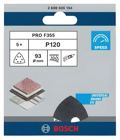BOSCH F355 / Papier ścierny P120 / 93 x 93 mm / 6 otworów / 5 szt.
