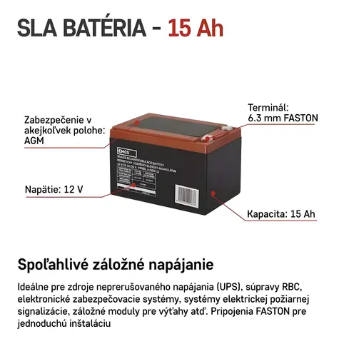 Akumulator kwasowo-ołowiowy bezobsługowy Emos 12 V (B9656V) / 12 Ah / Faston 6,3 mm